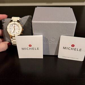 Michele Gold-Tone and White Chronograph Watch